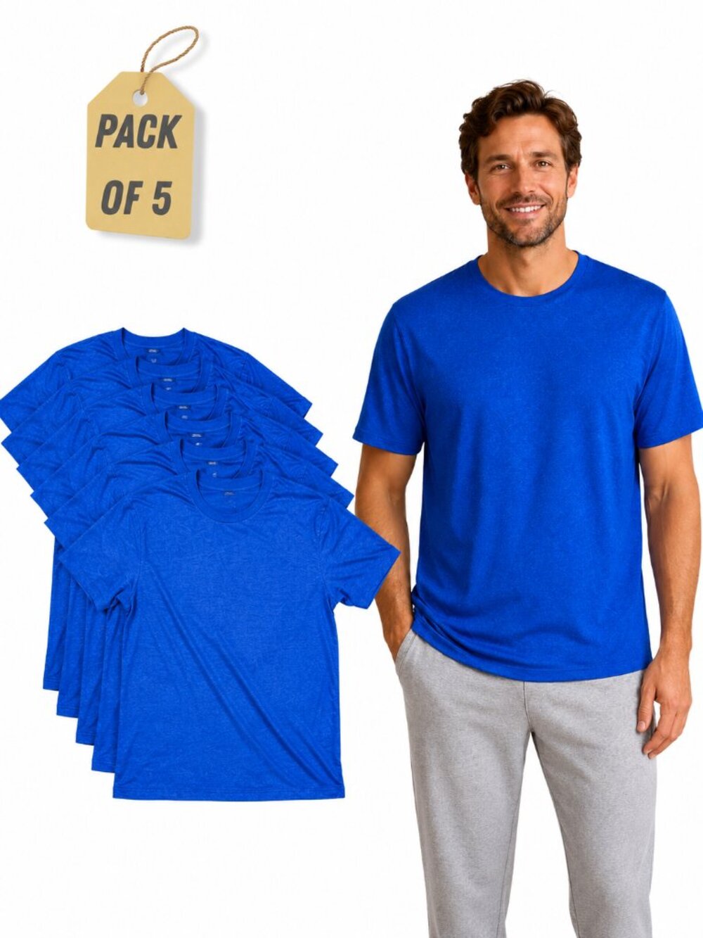 Men's 5-Pack Royal Blue Crew Neck T-Shirts | Plain Basic Short Sleeve Tee Bundle
